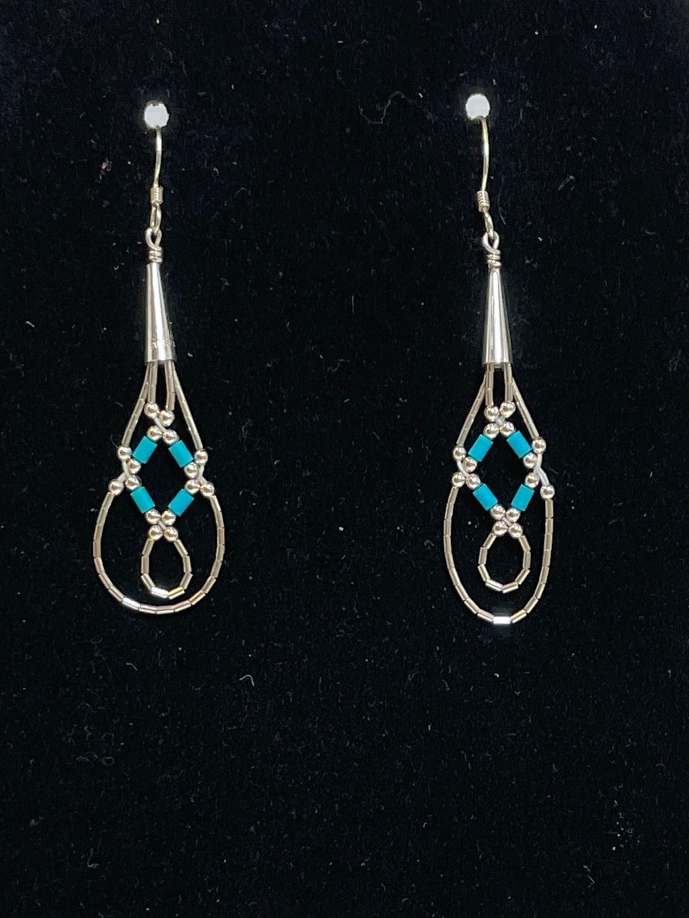 VTG Handmade Liquid Silver Heishi Turquoise Beads Dangle Hook Earrings READ